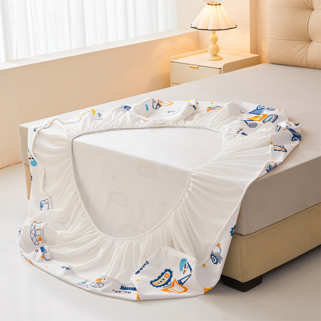 91家纺网 家纺一手货源 找家纺 雯豆家纺 2025新款TPU防水隔尿床笠防脏垫单床笠床笠单件 防水床笠-挖掘机