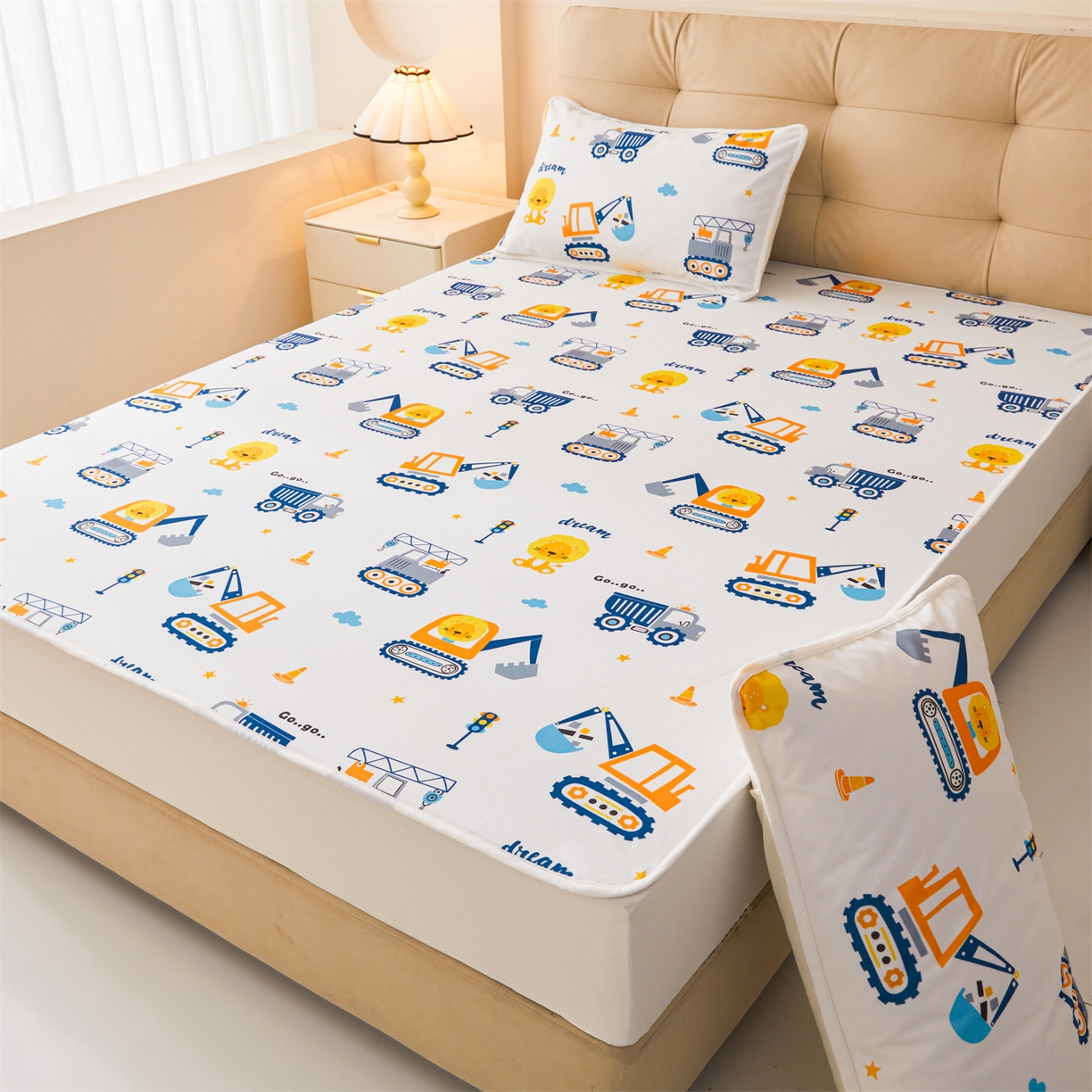 91家纺网 家纺一手货源 找家纺 雯豆家纺 2025新款TPU防水隔尿床笠防脏垫单床笠床笠单件 防水床笠-挖掘机