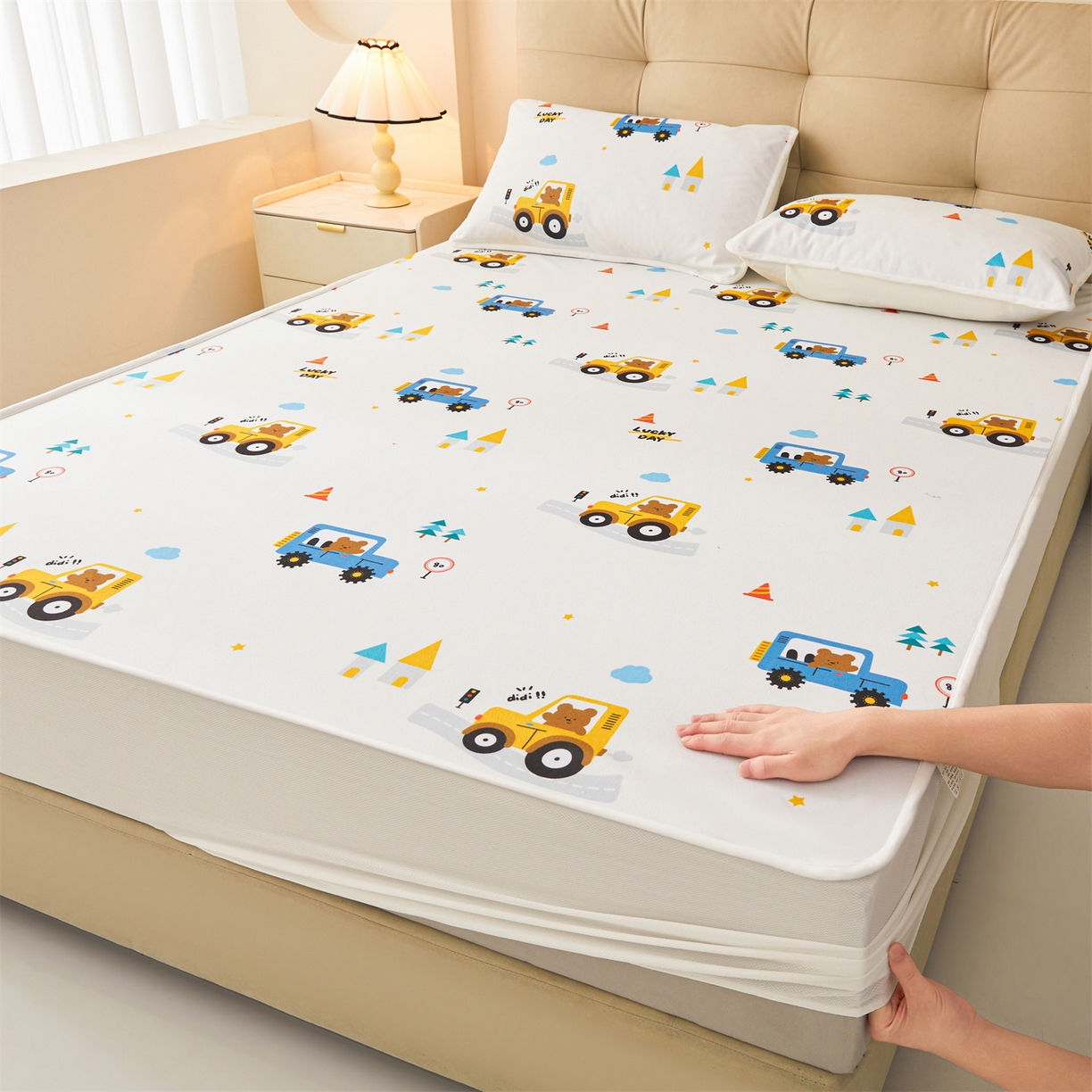 雯豆家纺 2025新款TPU防水隔尿床笠防脏垫单床笠床笠单件 防水床笠-小汽车