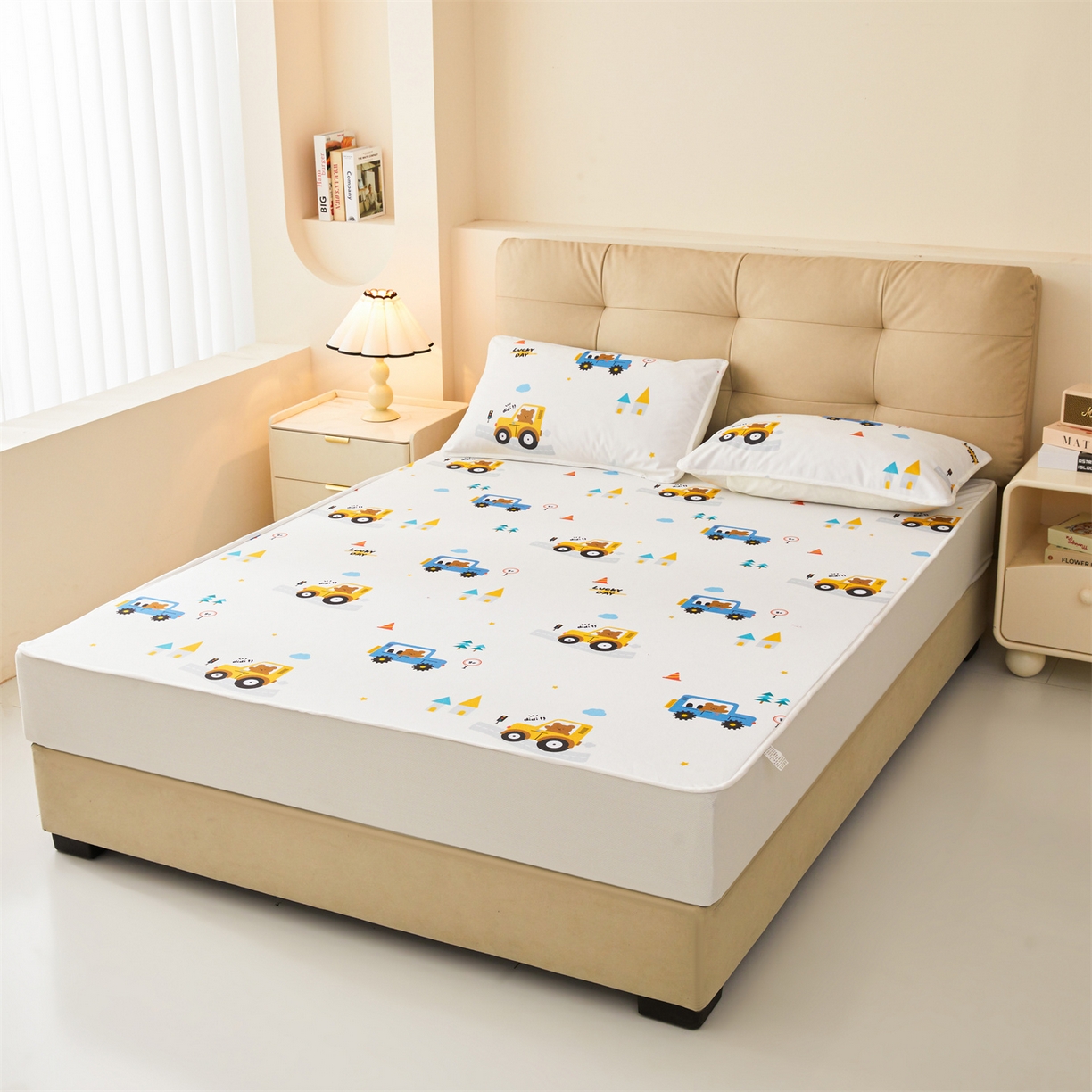 91家纺网 家纺一手货源 找家纺 雯豆家纺 2025新款TPU防水隔尿床笠防脏垫单床笠床笠单件 防水床笠-小汽车