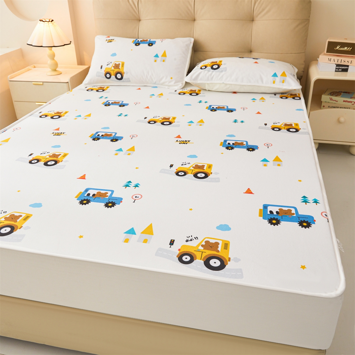 91家纺网 家纺一手货源 找家纺 雯豆家纺 2025新款TPU防水隔尿床笠防脏垫单床笠床笠单件 防水床笠-小汽车