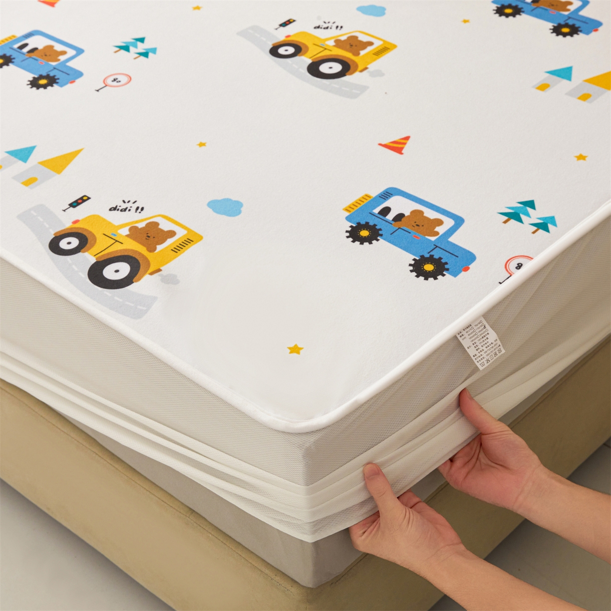 91家纺网 家纺一手货源 找家纺 雯豆家纺 2025新款TPU防水隔尿床笠防脏垫单床笠床笠单件 防水床笠-小汽车