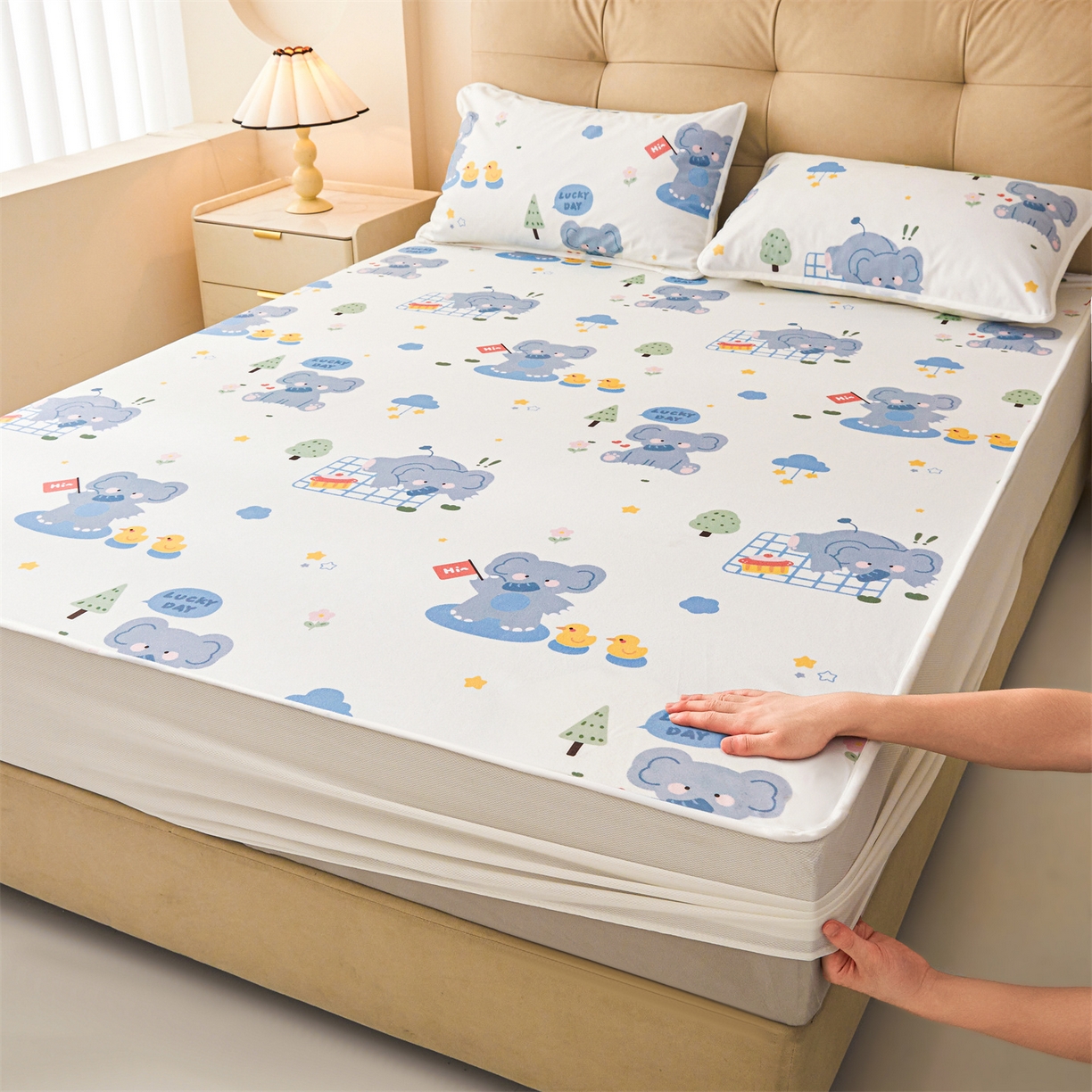 雯豆家纺 2025新款TPU防水隔尿床笠防脏垫单床笠床笠单件 防水床笠-小象嘟嘟