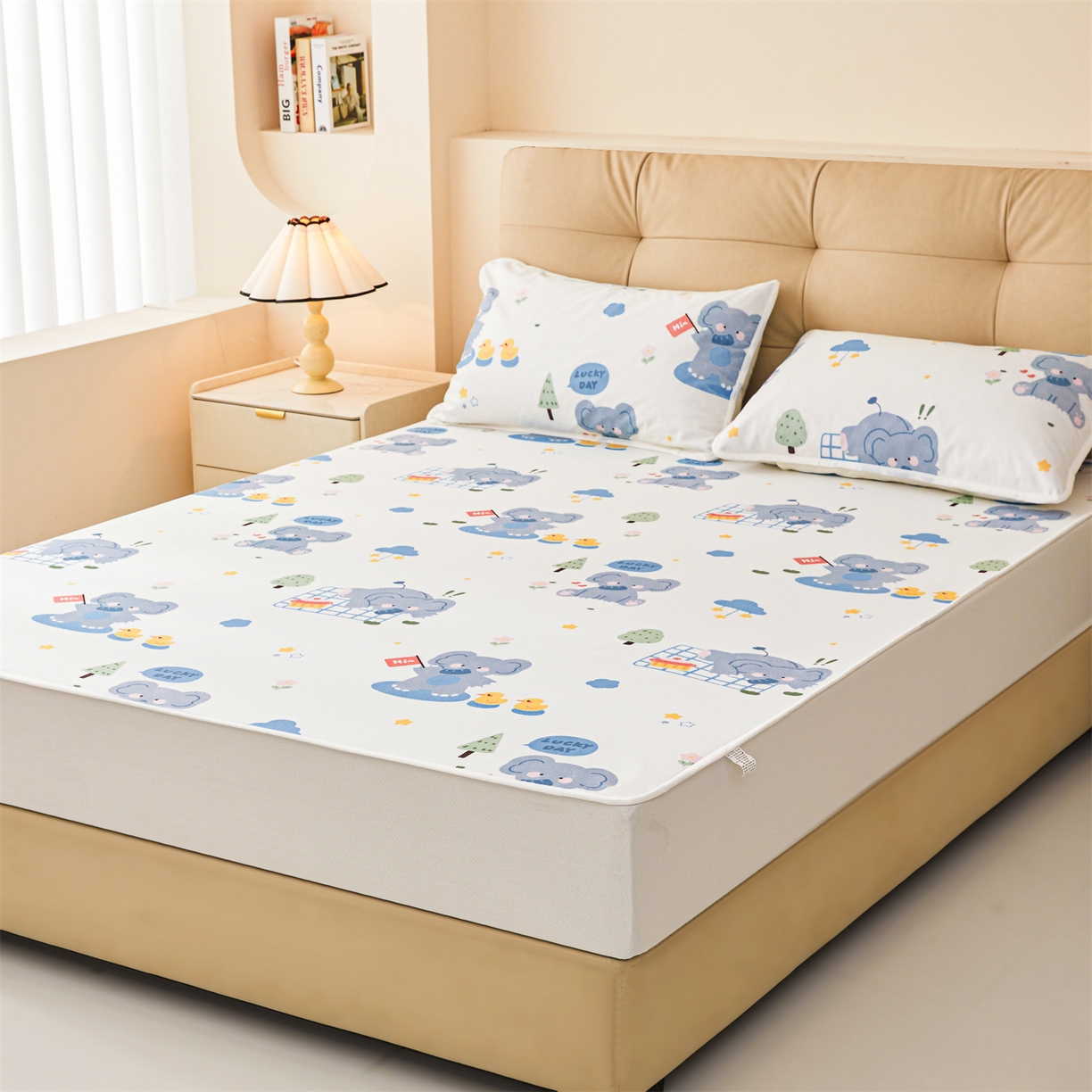 91家纺网 家纺一手货源 找家纺 雯豆家纺 2025新款TPU防水隔尿床笠防脏垫单床笠床笠单件 防水床笠-小象嘟嘟