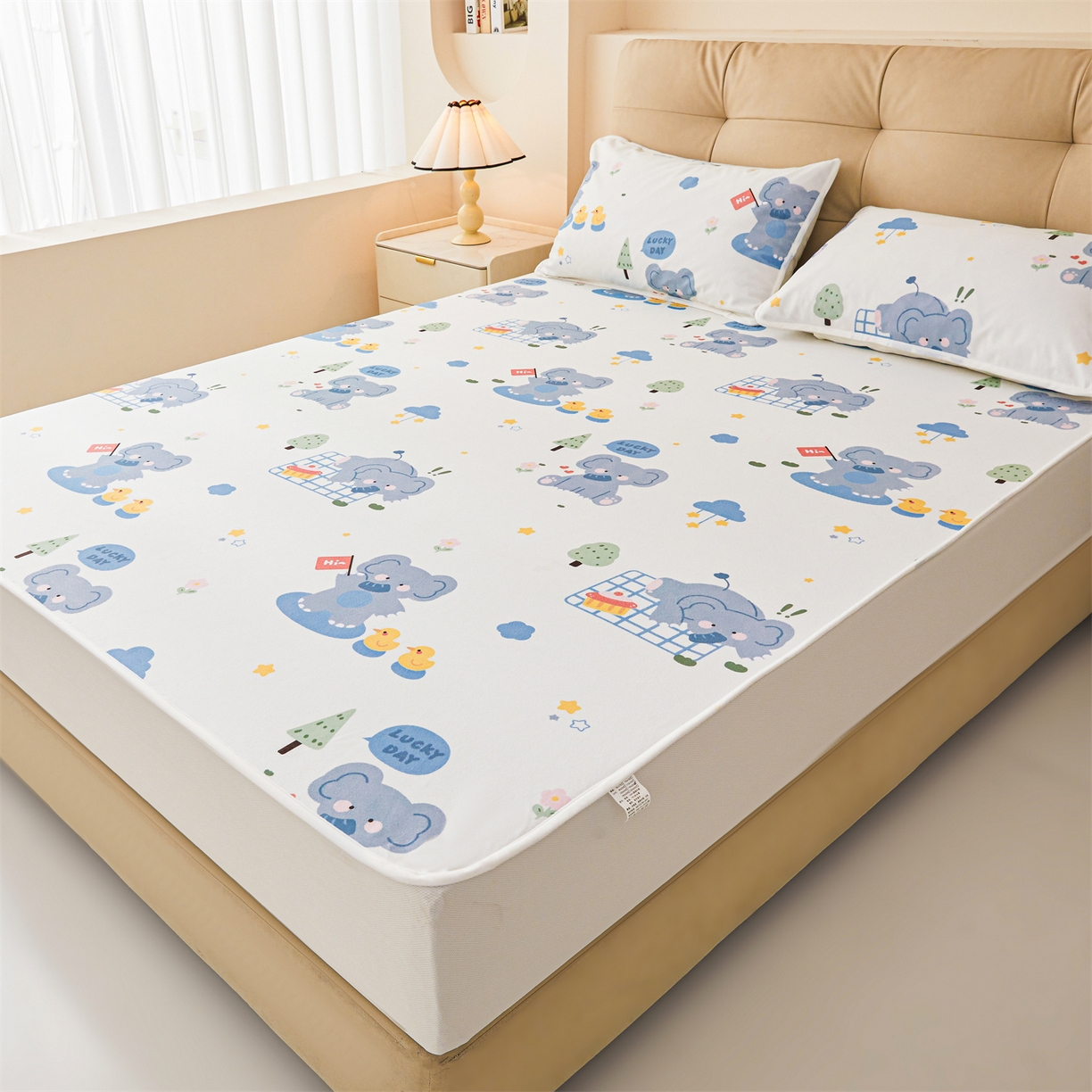 91家纺网 家纺一手货源 找家纺 雯豆家纺 2025新款TPU防水隔尿床笠防脏垫单床笠床笠单件 防水床笠-小象嘟嘟