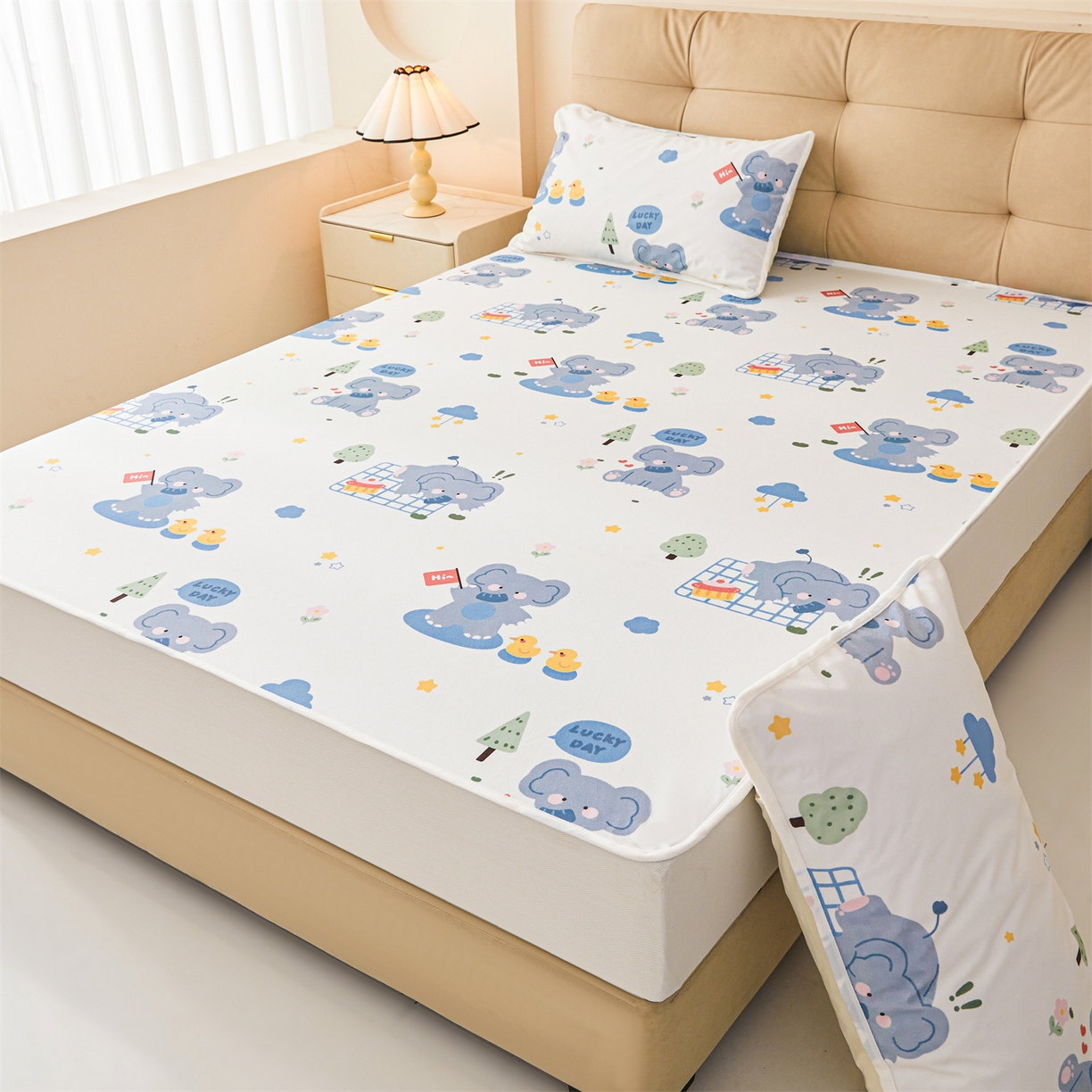 91家纺网 家纺一手货源 找家纺 雯豆家纺 2025新款TPU防水隔尿床笠防脏垫单床笠床笠单件 防水床笠-小象嘟嘟