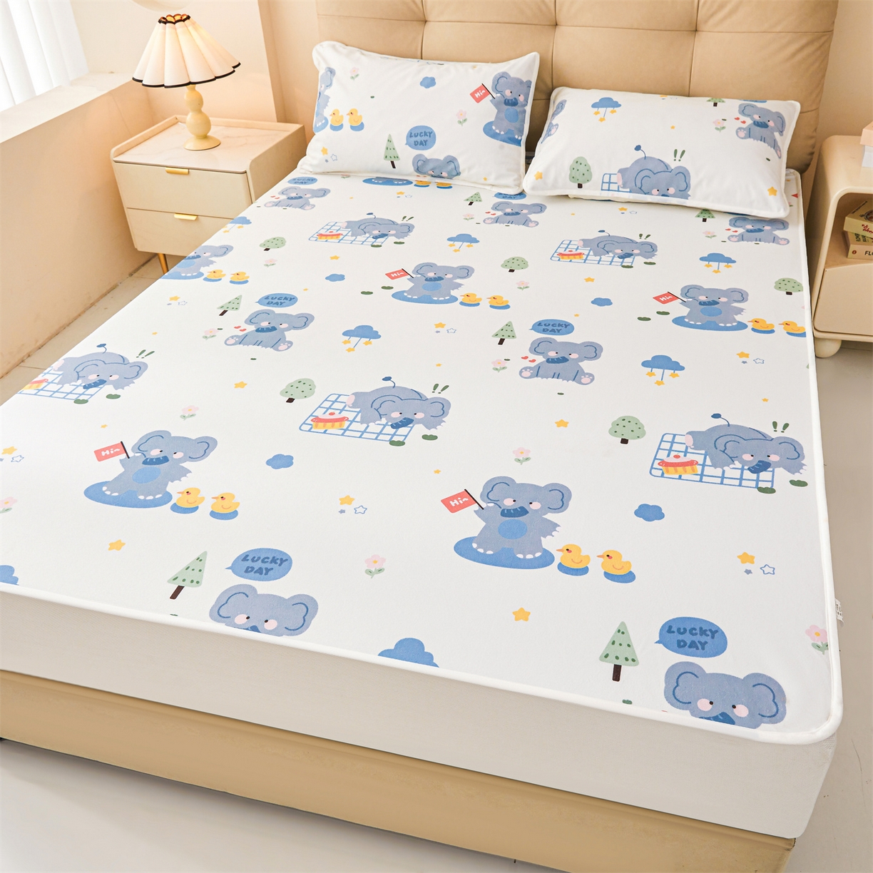 91家纺网 家纺一手货源 找家纺 雯豆家纺 2025新款TPU防水隔尿床笠防脏垫单床笠床笠单件 防水床笠-小象嘟嘟