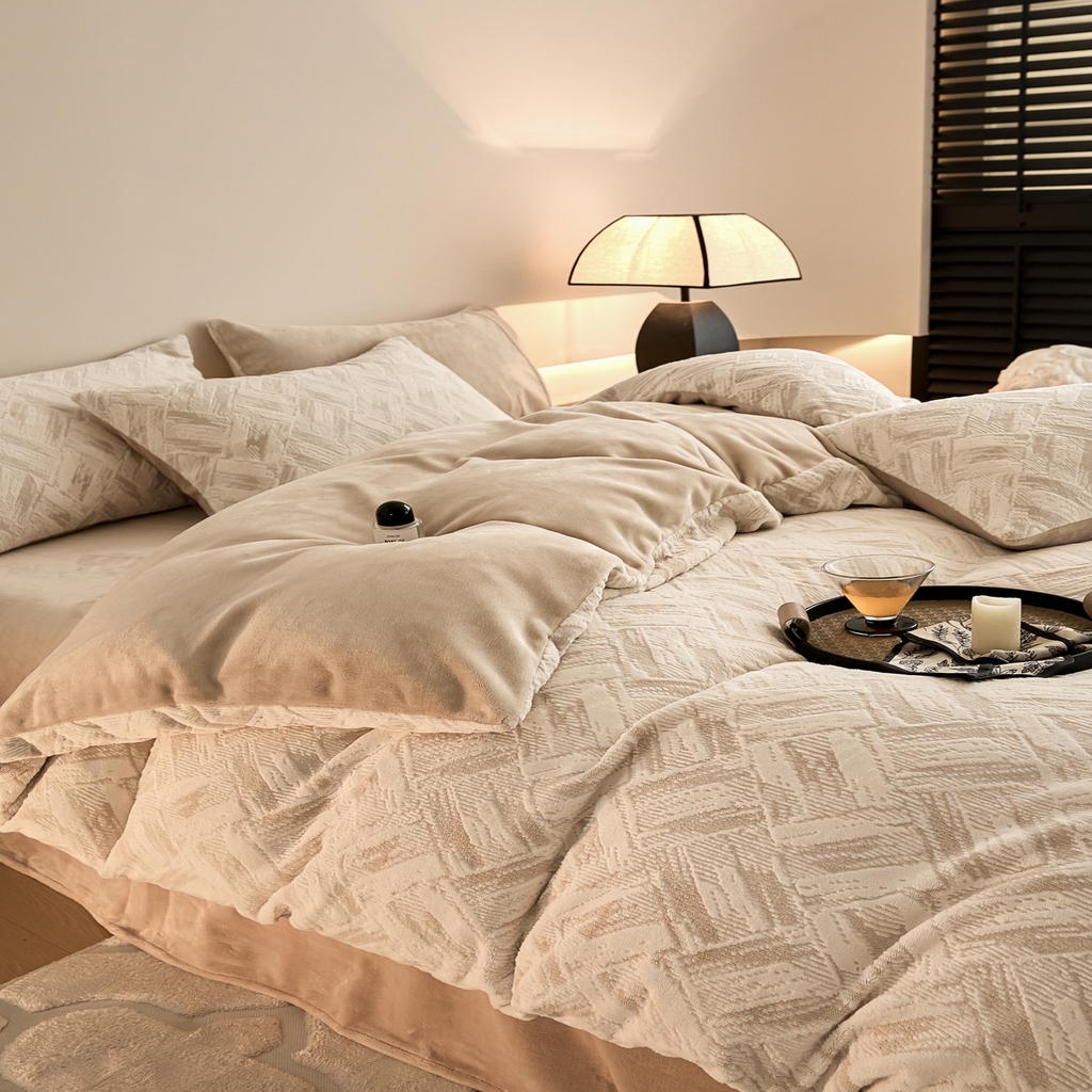 91家纺网 家纺一手货源 找家纺 言一 2025新款A类全消光超柔260G保暖加厚立体雕花牛奶绒四件套 霜语-卡其