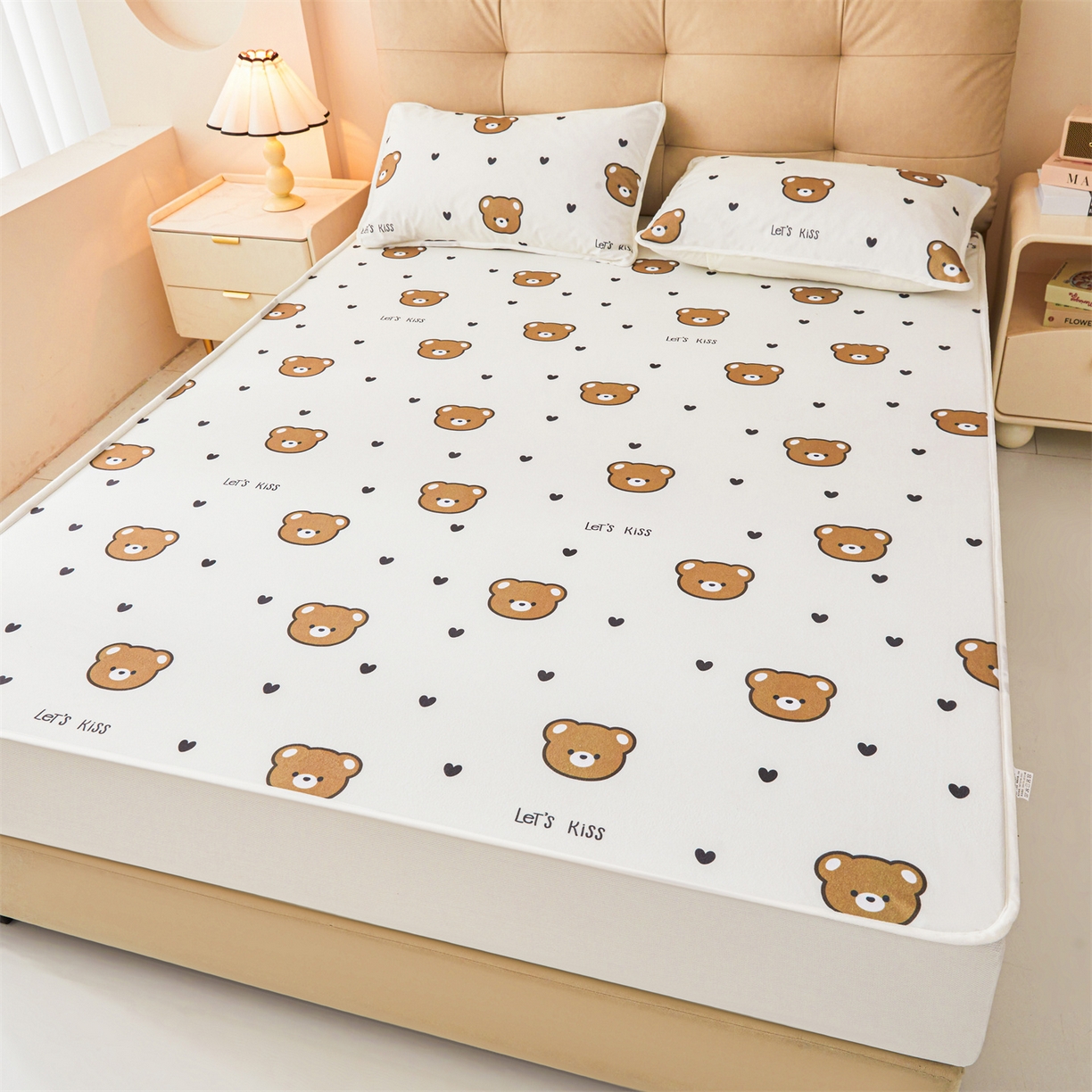 91家纺网 家纺一手货源 找家纺 雯豆家纺 2025新款TPU防水隔尿床笠防脏垫单床笠床笠单件 防水床笠-小熊头