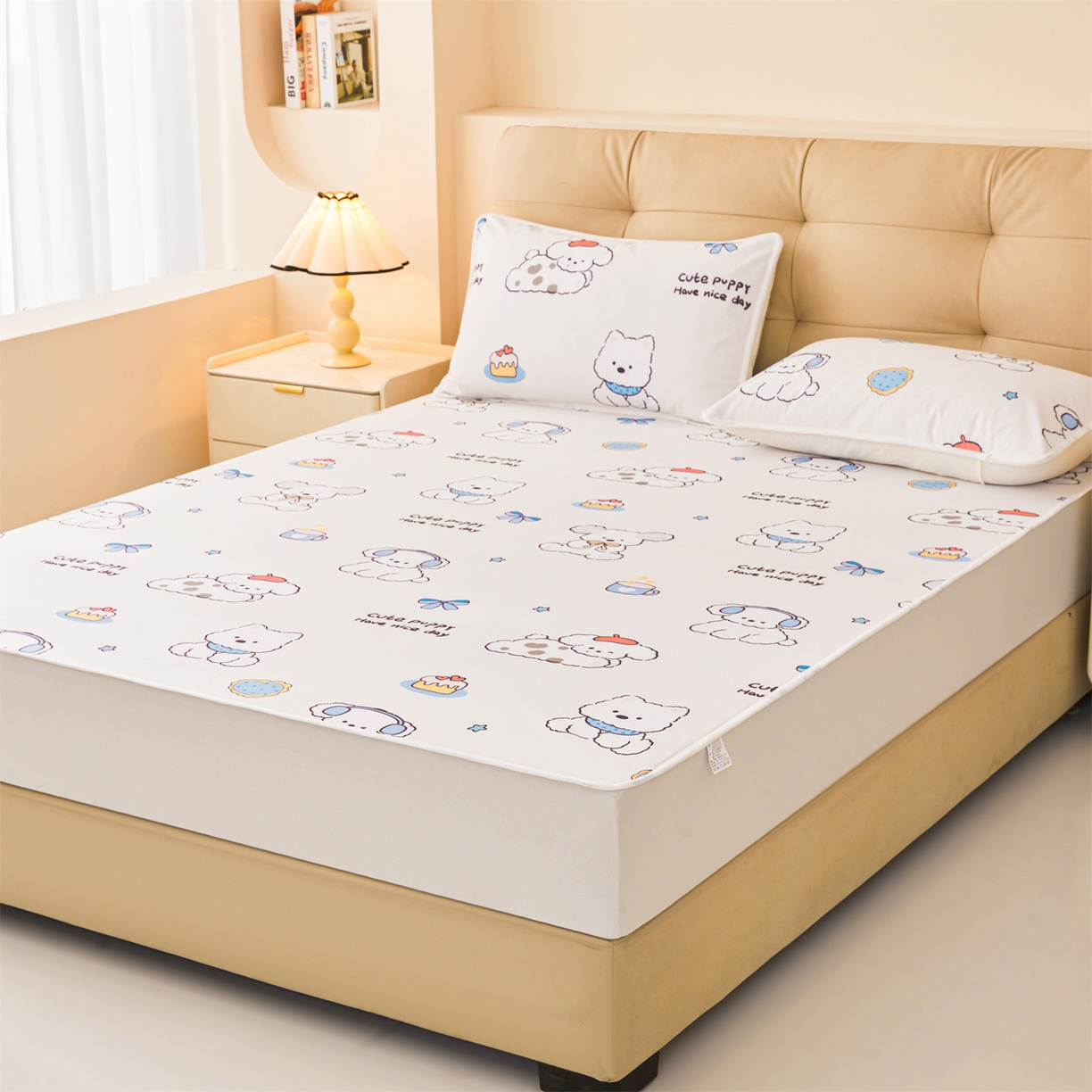 91家纺网 家纺一手货源 找家纺 雯豆家纺 2025新款TPU防水隔尿床笠防脏垫单床笠床笠单件 防水床笠-音乐小狗
