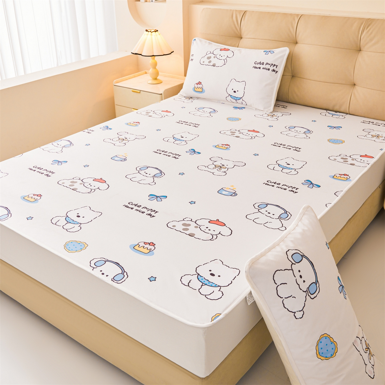 91家纺网 家纺一手货源 找家纺 雯豆家纺 2025新款TPU防水隔尿床笠防脏垫单床笠床笠单件 防水床笠-音乐小狗