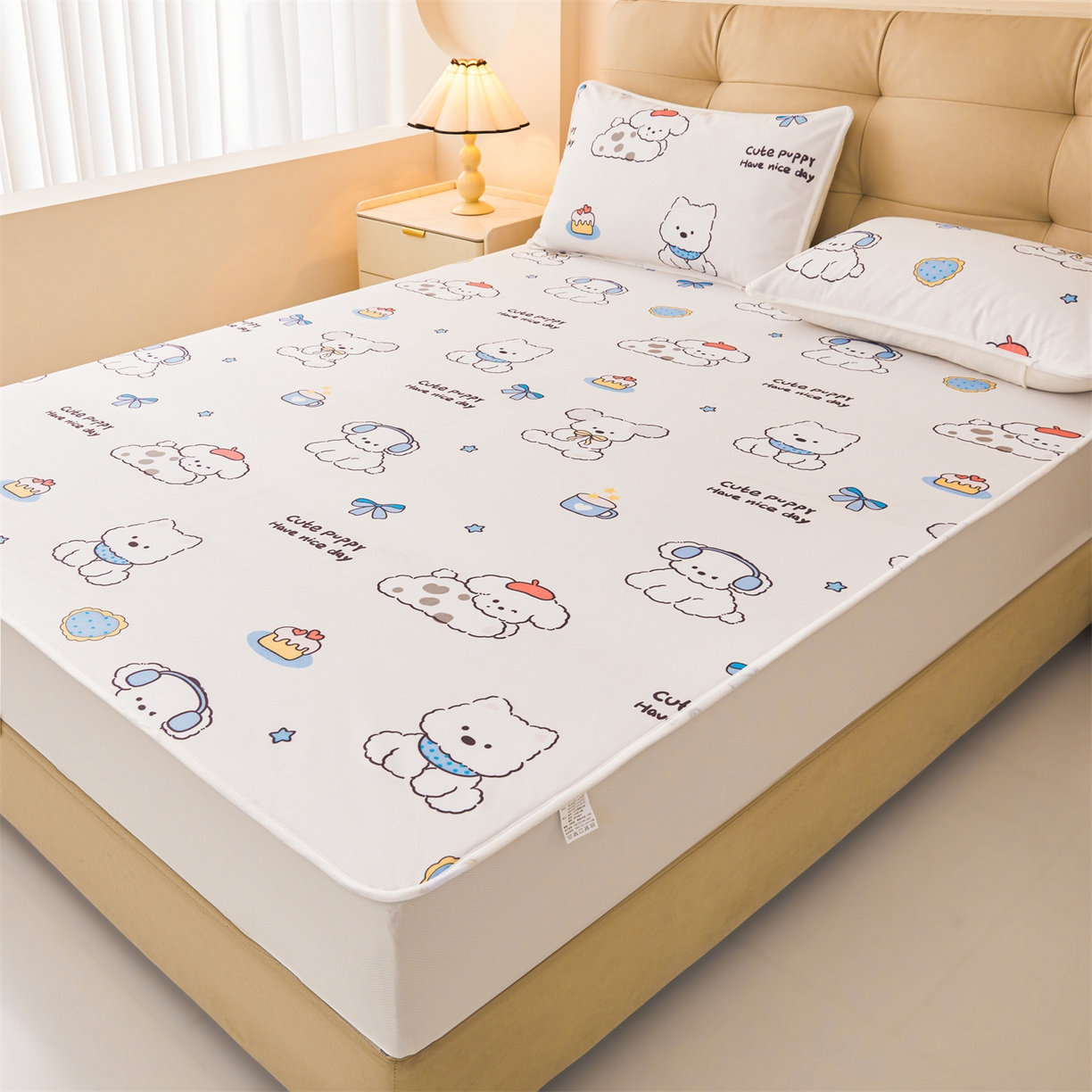 91家纺网 家纺一手货源 找家纺 雯豆家纺 2025新款TPU防水隔尿床笠防脏垫单床笠床笠单件 防水床笠-音乐小狗