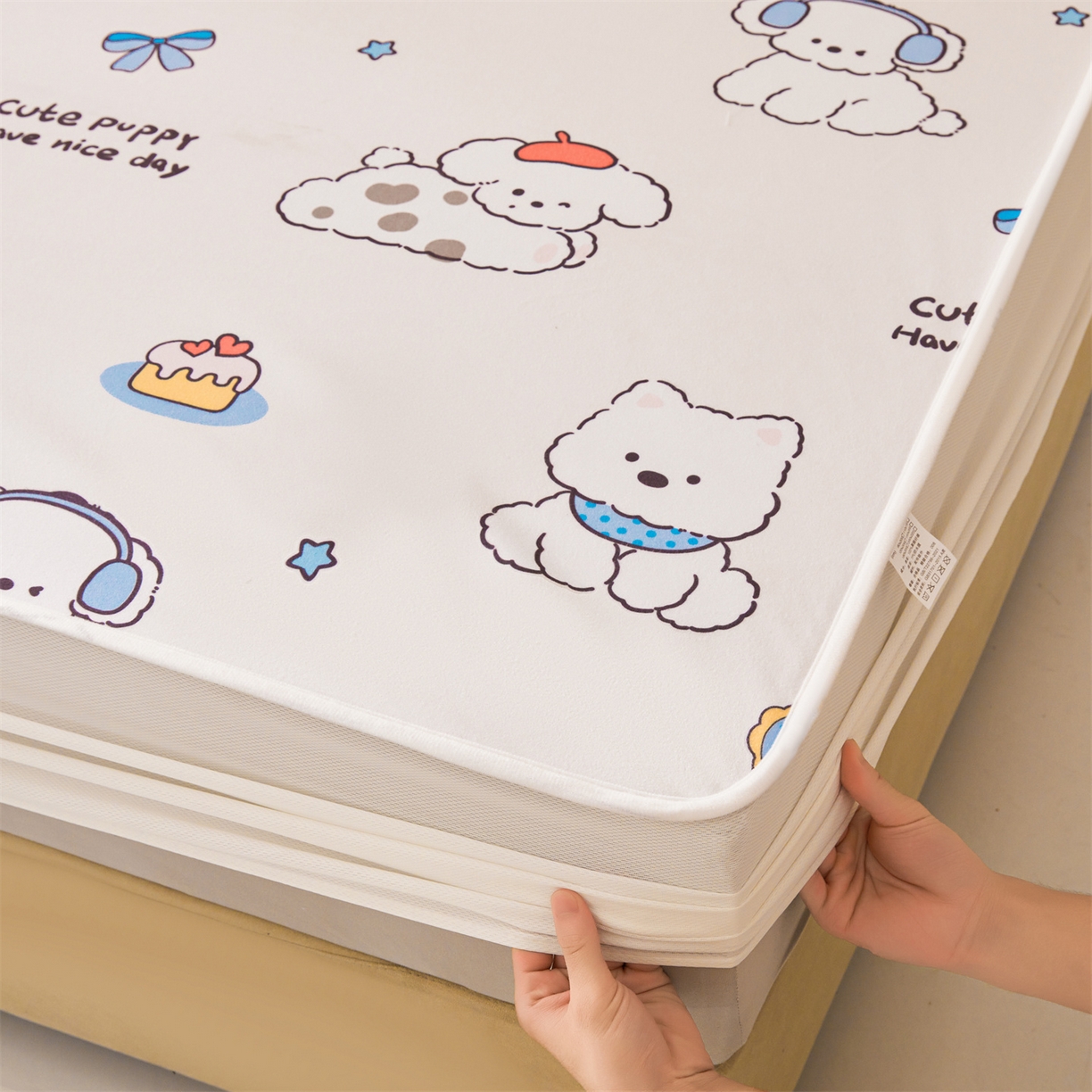 91家纺网 家纺一手货源 找家纺 雯豆家纺 2025新款TPU防水隔尿床笠防脏垫单床笠床笠单件 防水床笠-音乐小狗