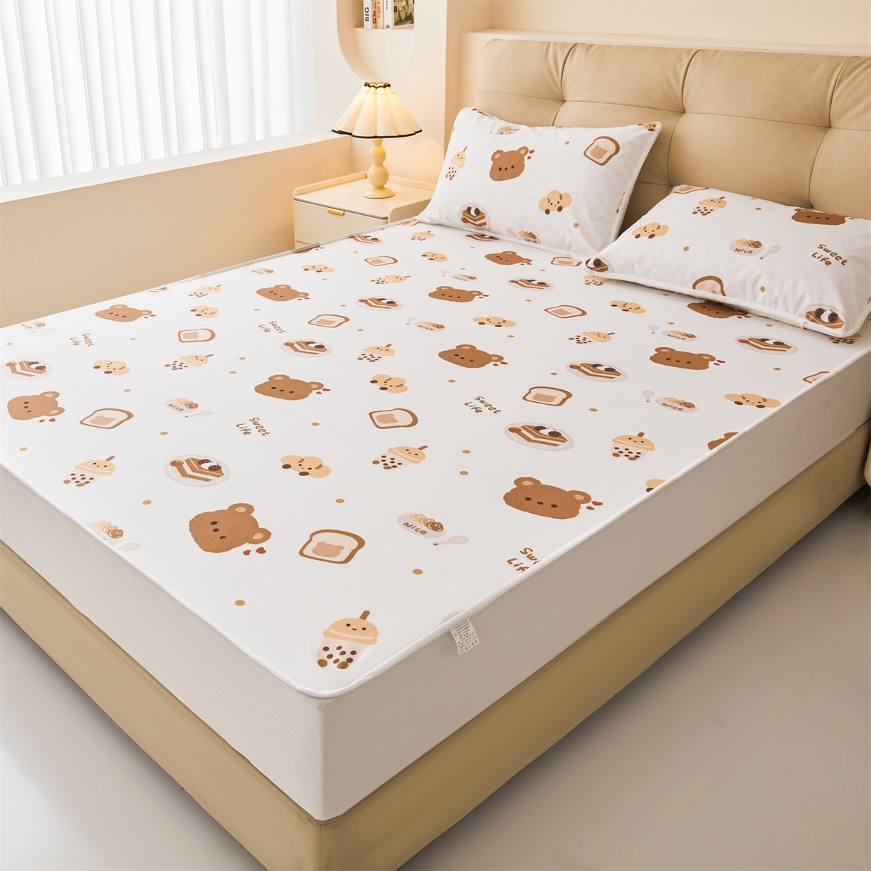 91家纺网 家纺一手货源 找家纺 雯豆家纺 2025新款TPU防水隔尿床笠防脏垫单床笠床笠单件 防水床笠-小熊派对
