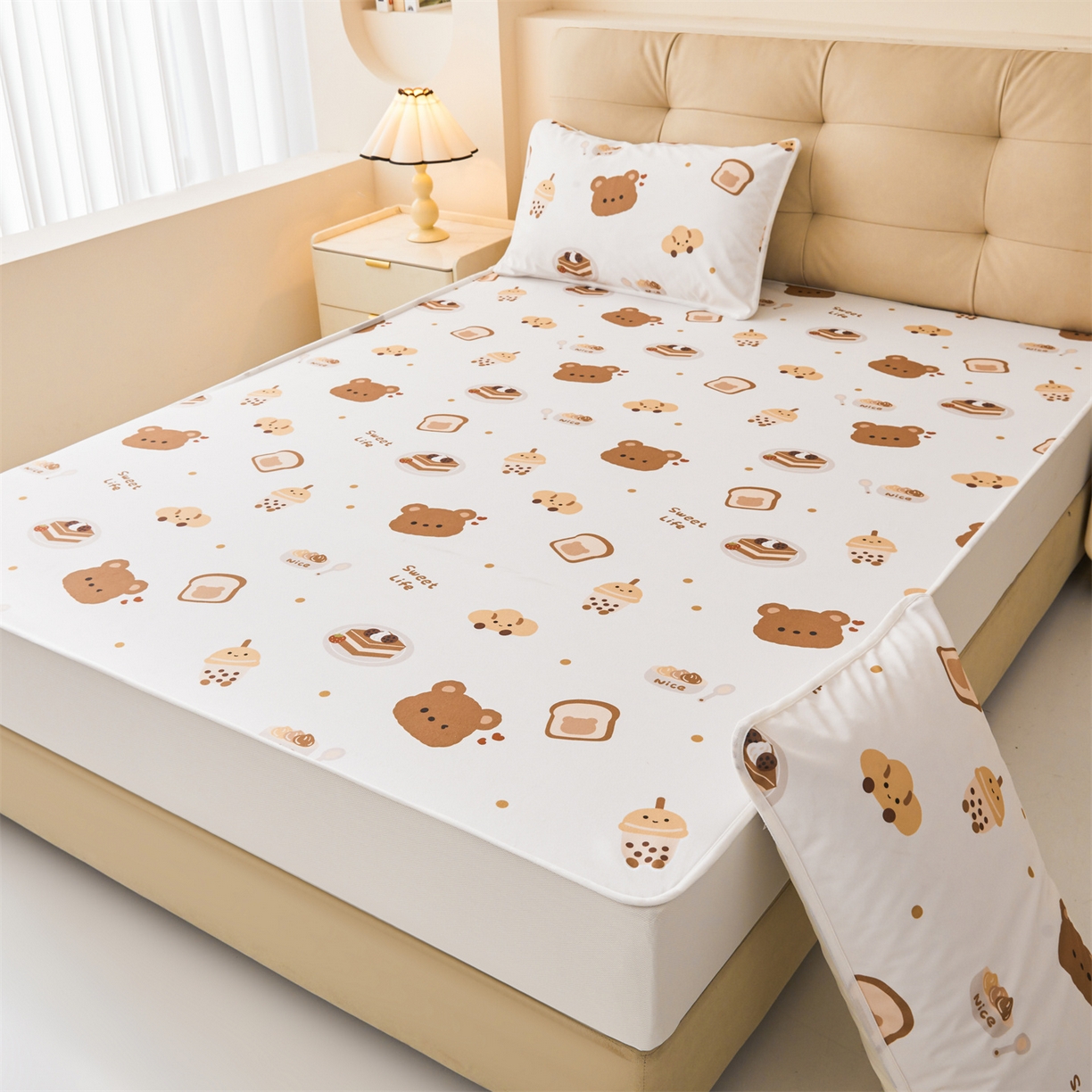 91家纺网 家纺一手货源 找家纺 雯豆家纺 2025新款TPU防水隔尿床笠防脏垫单床笠床笠单件 防水床笠-小熊派对