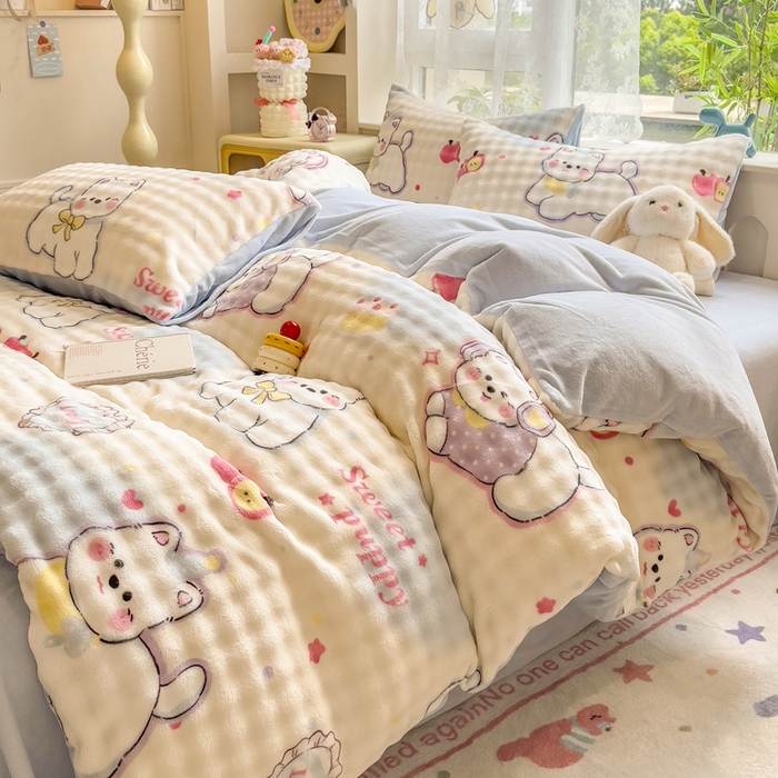 91家纺网 家纺一手货源 找家纺 （总）摩妮卡 2025新款小清新加厚260克牛奶绒泡泡绒四件套