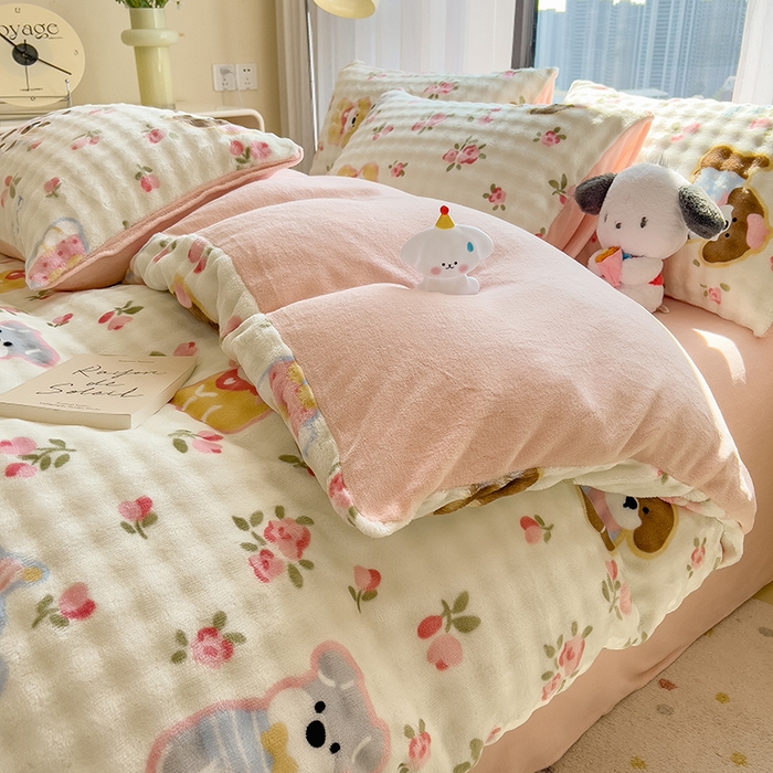 91家纺网 家纺一手货源 找家纺 （总）摩妮卡 2025新款小清新加厚260克牛奶绒泡泡绒四件套