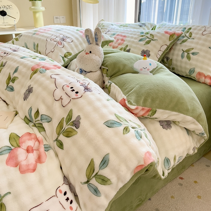 91家纺网 家纺一手货源 找家纺 （总）摩妮卡 2025新款小清新加厚260克牛奶绒泡泡绒四件套