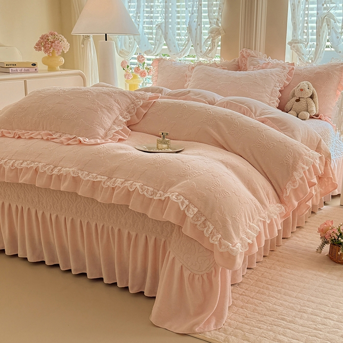 绒棉世家 2025秋冬新款法式韩版花边款加厚牛奶绒双面宝宝绒四件套 艾薇尔-粉