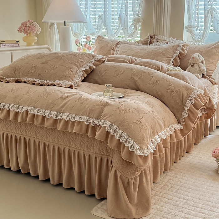 绒棉世家 2025秋冬新款法式韩版花边款加厚牛奶绒双面宝宝绒四件套 艾薇尔-咖