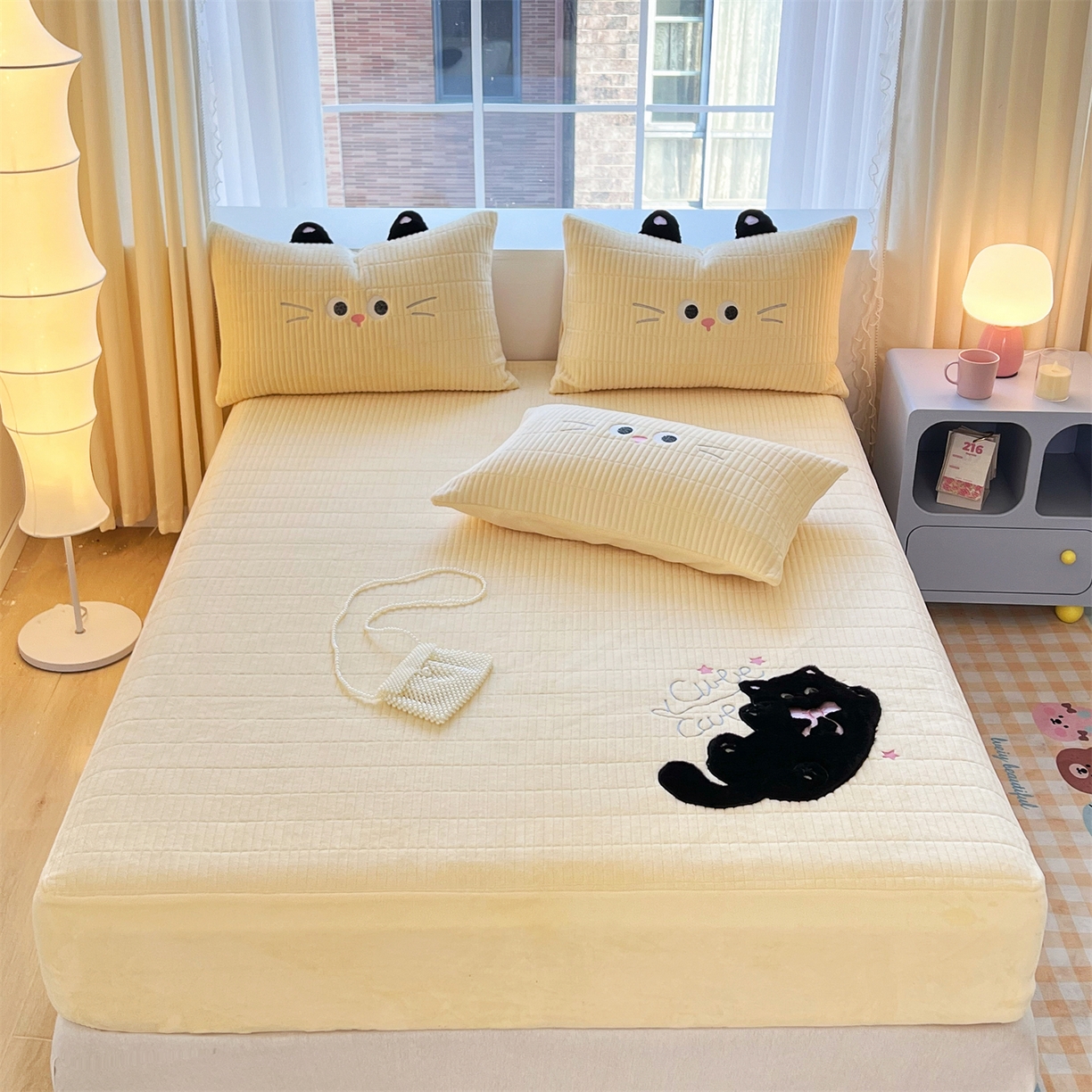 91家纺网 家纺一手货源 找家纺 曼町家居 2025新款秋冬加厚牛奶绒防滑单床笠系列 尤米-芝士黄