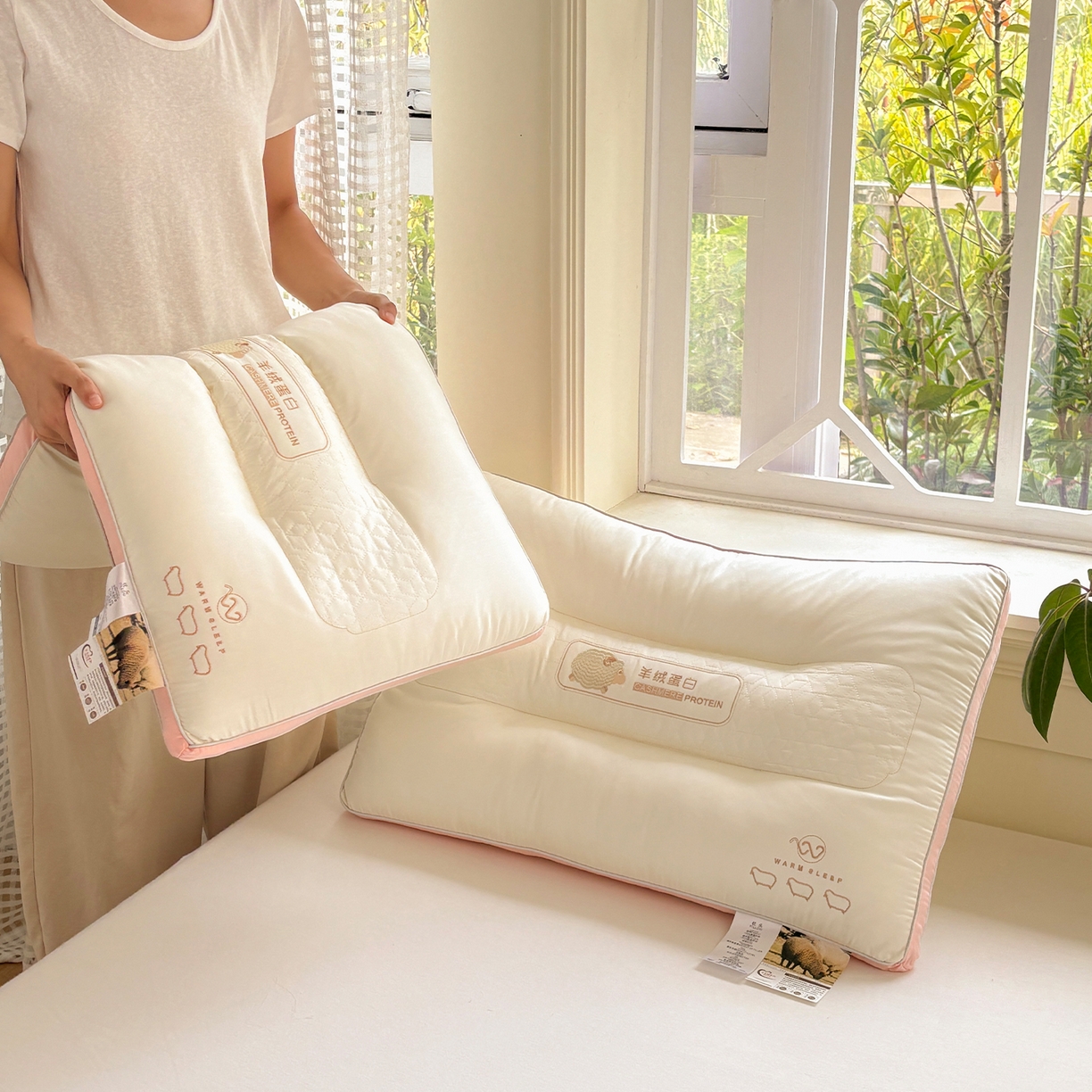 91家纺网 家纺一手货源 找家纺 青泽家纺 2025新款羊绒蛋白枕头枕芯 羊绒蛋白枕芯 中枕一只装