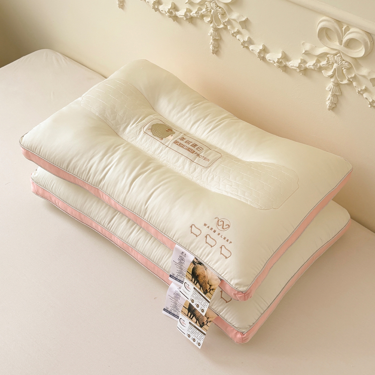 91家纺网 家纺一手货源 找家纺 青泽家纺 2025新款羊绒蛋白枕头枕芯 羊绒蛋白枕芯 中枕一对装