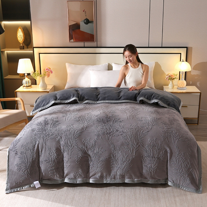 居尚家纺 2025新款高克重牛奶绒烂花绒雕花绒单被套 被套单件 雕花-仙草-灰色