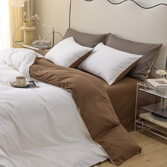 91家纺网 家纺一手货源 找家纺 ONE TWO ONE 121 2025新款A类高支高密全棉陶瓷磨毛（小cr ）纯色四件套 信白金咖