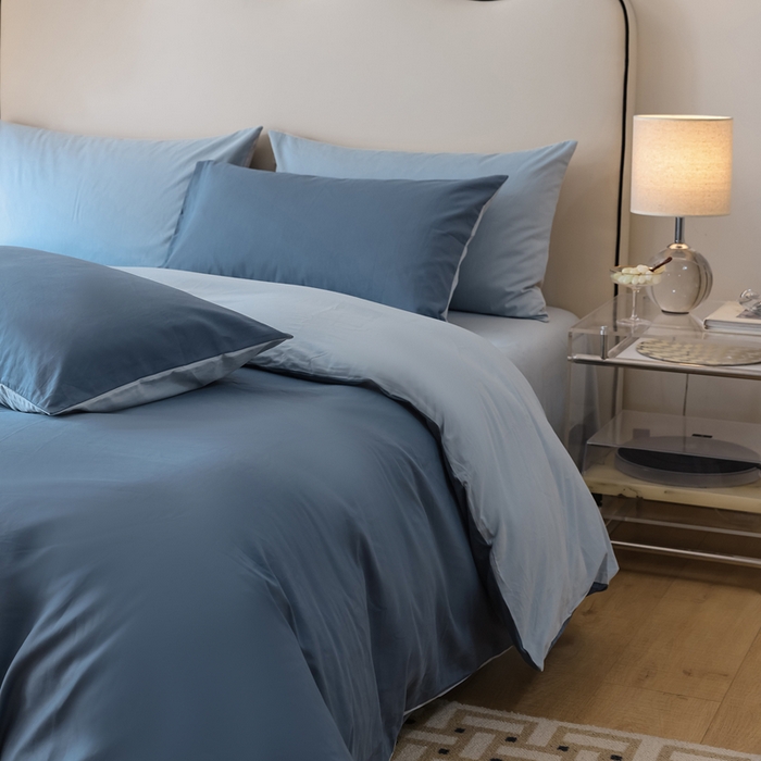 91家纺网 家纺一手货源 找家纺 ONE TWO ONE 121 2025新款A类高支高密全棉陶瓷磨毛（小cr ）纯色四件套 蔚蓝浅蓝