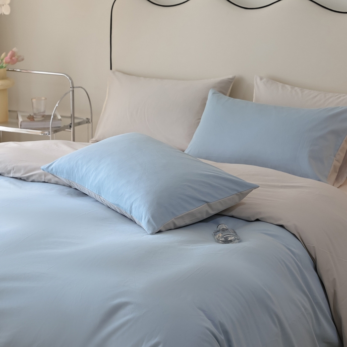 91家纺网 家纺一手货源 找家纺 ONE TWO ONE 121 2025新款A类高支高密全棉陶瓷磨毛（小cr ）纯色四件套 水蓝白灰