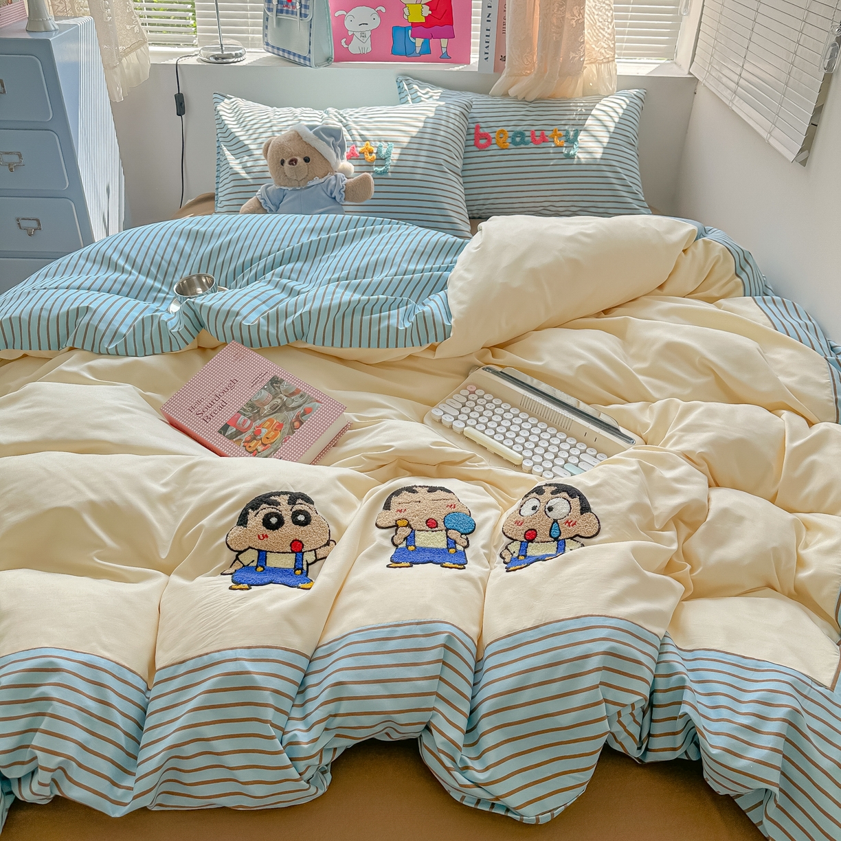 91家纺网 家纺一手货源 找家纺 （总）子钦家纺 2025新款云朵棉水洗棉毛巾绣拼接拼角床单床笠四件套-调皮大王