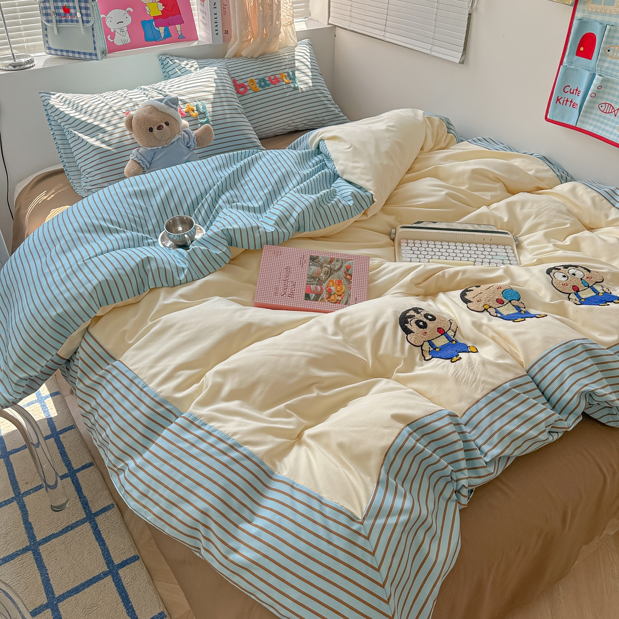 91家纺网 家纺一手货源 找家纺 （总）子钦家纺 2025新款云朵棉水洗棉毛巾绣拼接拼角床单床笠四件套-调皮大王