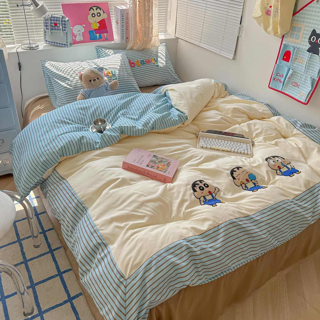 91家纺网 家纺一手货源 找家纺 （总）子钦家纺 2025新款云朵棉水洗棉毛巾绣拼接拼角床单床笠四件套-调皮大王