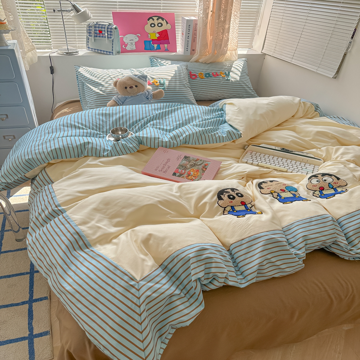 91家纺网 家纺一手货源 找家纺 （总）子钦家纺 2025新款云朵棉水洗棉毛巾绣拼接拼角床单床笠四件套-调皮大王