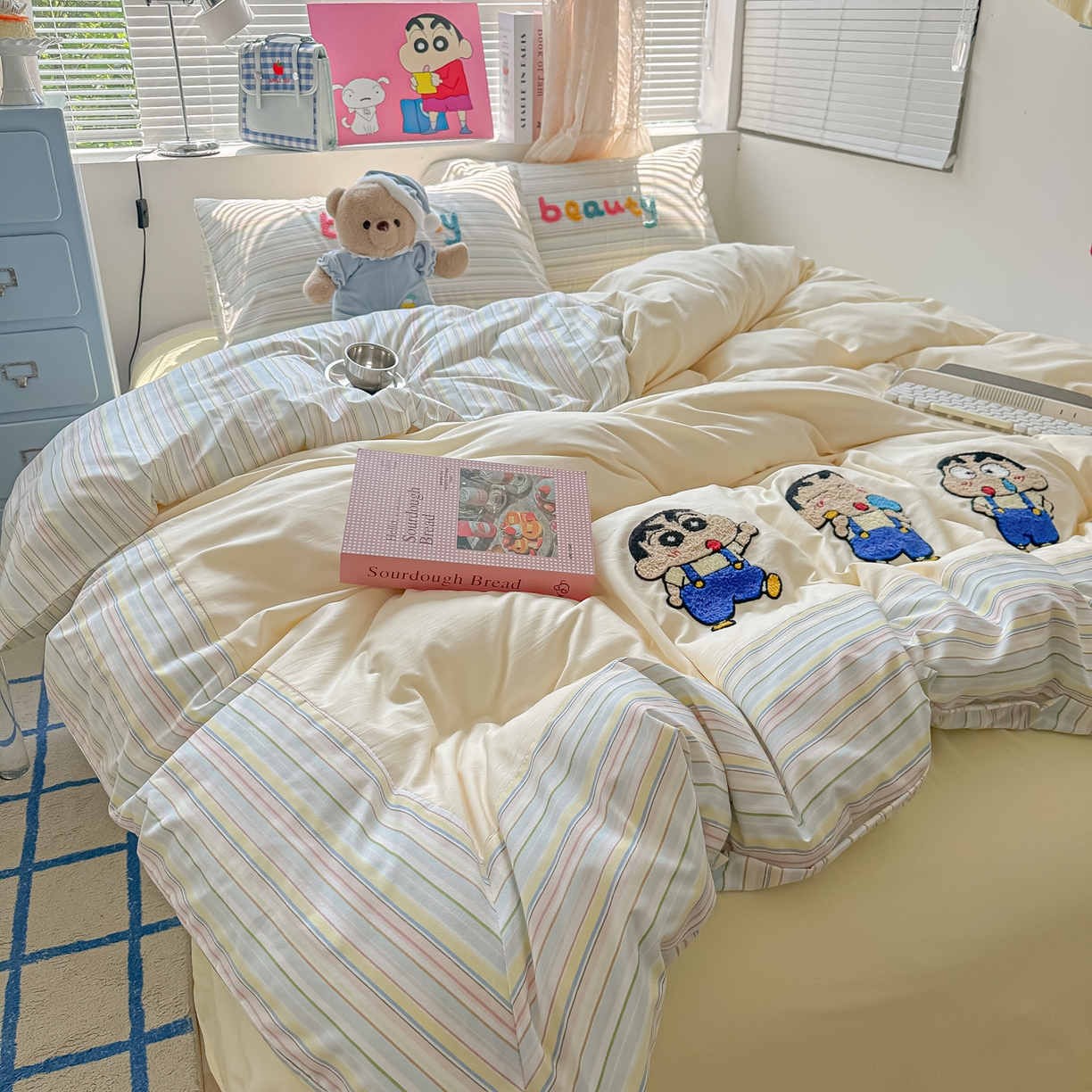 子钦家纺 2025新款云朵棉水洗棉毛巾绣拼接拼角床单床笠四件套-调皮大王 调皮大王-七彩条纹小新