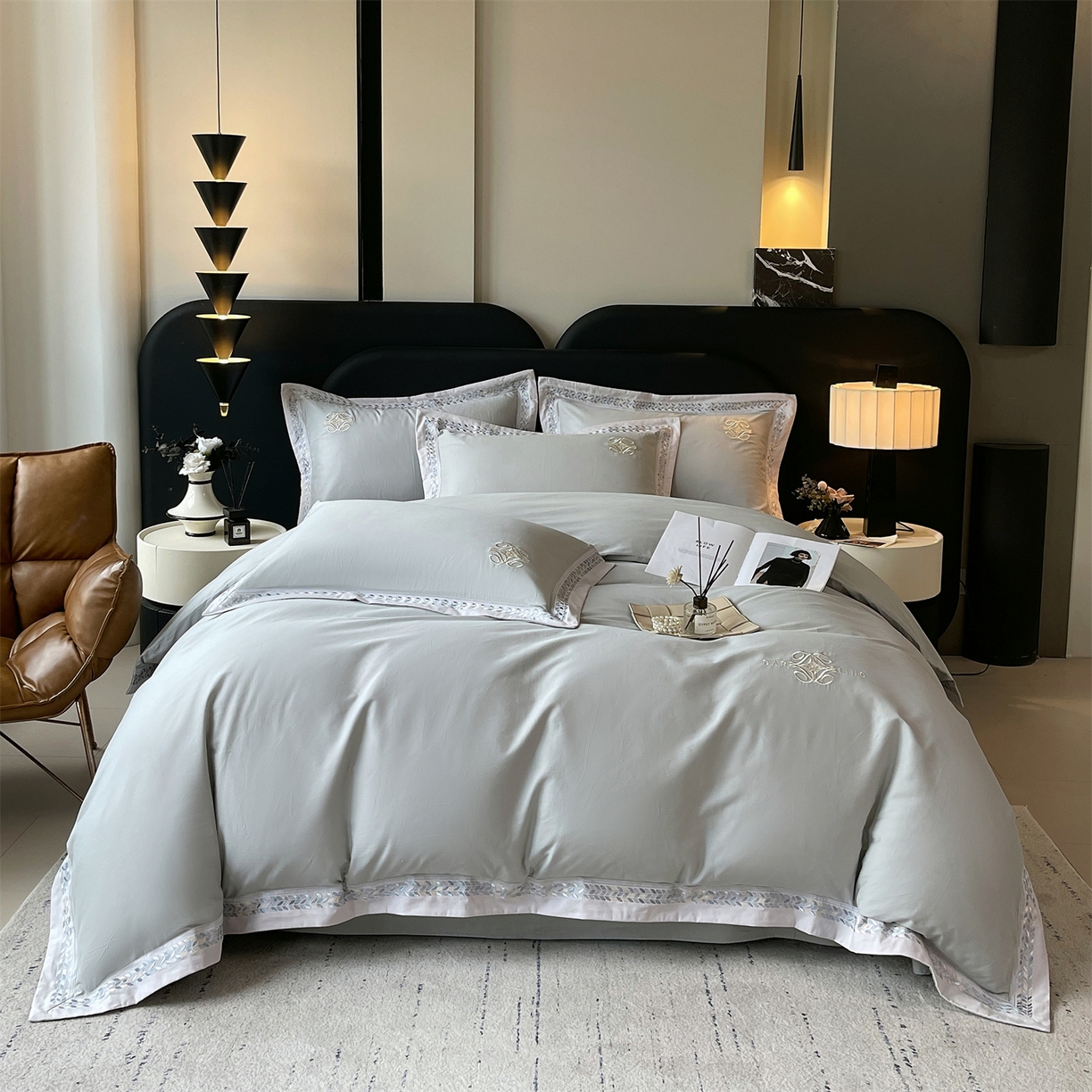 91家纺网 家纺一手货源 找家纺 鼎飞家纺 2025新款全棉磨毛绣花四件套-米娅 米娅-卡灰