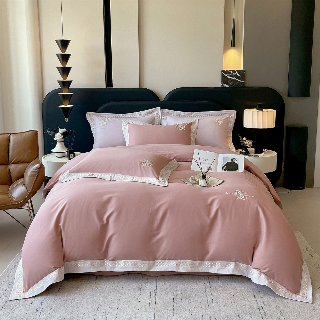 91家纺网 家纺一手货源 找家纺 （总）鼎飞家纺 2025新款全棉磨毛绣花四件套-米娅