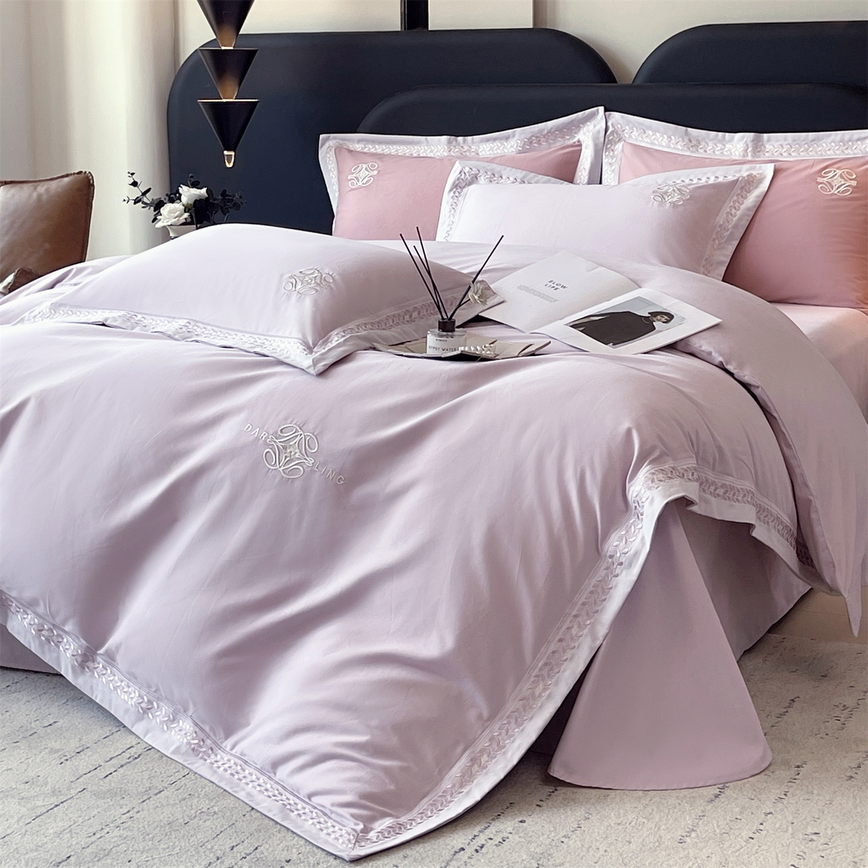 91家纺网 家纺一手货源 找家纺 鼎飞家纺 2025新款全棉磨毛绣花四件套-米娅 米娅-柔紫