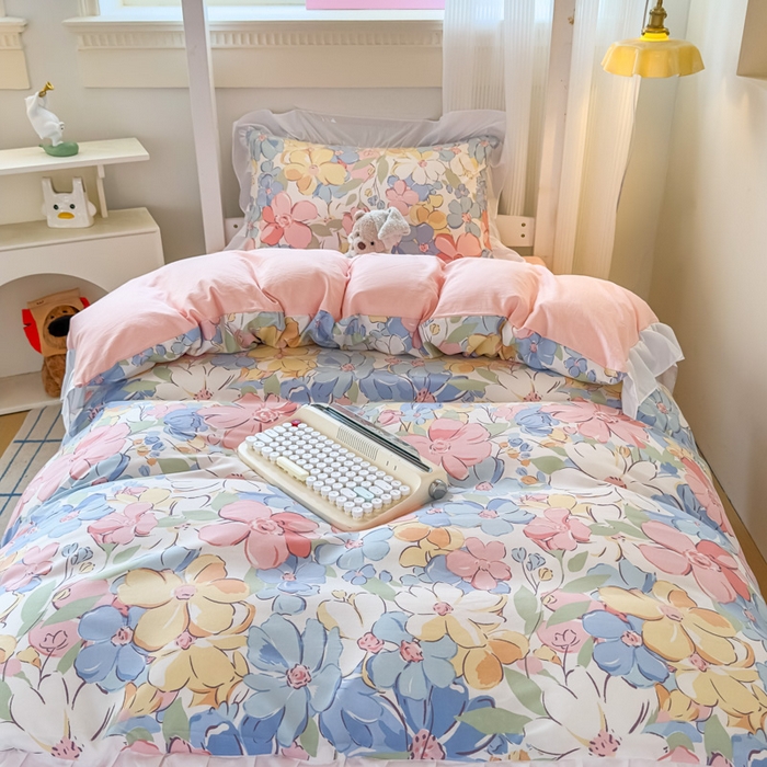 91家纺网 家纺一手货源 找家纺 （总）曼陀罗 2025新款云柔棉韩式INS减龄花边款卡通学生宿舍上下铺三件套