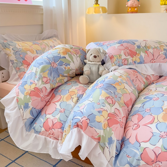 91家纺网 家纺一手货源 找家纺 （总）曼陀罗 2025新款云柔棉韩式INS减龄花边款卡通学生宿舍上下铺三件套