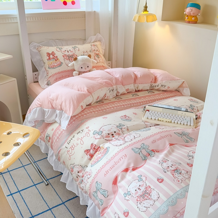 91家纺网 家纺一手货源 找家纺 （总）曼陀罗 2025新款云柔棉韩式INS减龄花边款卡通学生宿舍上下铺三件套