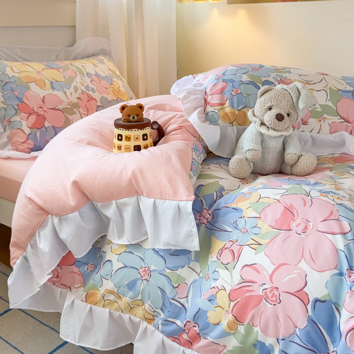 91家纺网 家纺一手货源 找家纺 曼陀罗 2025新款云柔棉韩式INS减龄花边款卡通学生宿舍上下铺三件套 淡淡花香粉