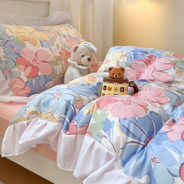 91家纺网 家纺一手货源 找家纺 曼陀罗 2025新款云柔棉韩式INS减龄花边款卡通学生宿舍上下铺三件套 淡淡花香粉