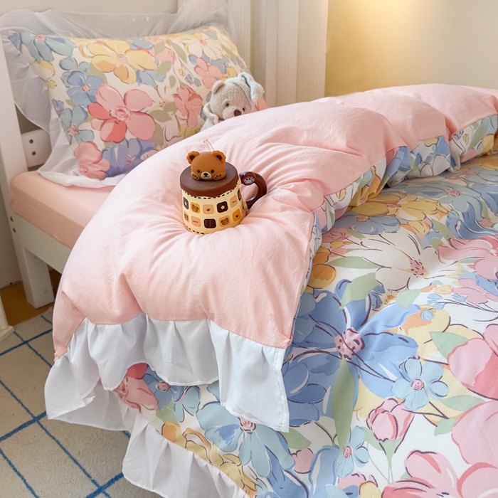 91家纺网 家纺一手货源 找家纺 曼陀罗 2025新款云柔棉韩式INS减龄花边款卡通学生宿舍上下铺三件套 淡淡花香粉