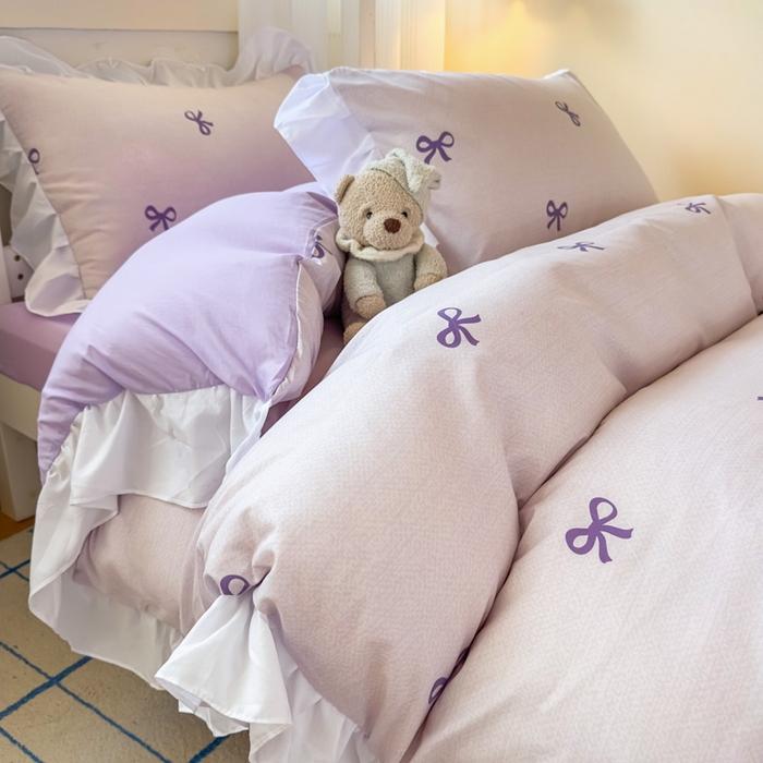 91家纺网 家纺一手货源 找家纺 曼陀罗 2025新款云柔棉韩式INS减龄花边款卡通学生宿舍上下铺三件套 蝴蝶结紫