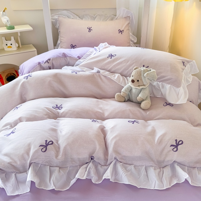 91家纺网 家纺一手货源 找家纺 曼陀罗 2025新款云柔棉韩式INS减龄花边款卡通学生宿舍上下铺三件套 蝴蝶结紫
