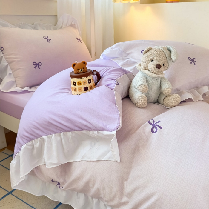 91家纺网 家纺一手货源 找家纺 曼陀罗 2025新款云柔棉韩式INS减龄花边款卡通学生宿舍上下铺三件套 蝴蝶结紫