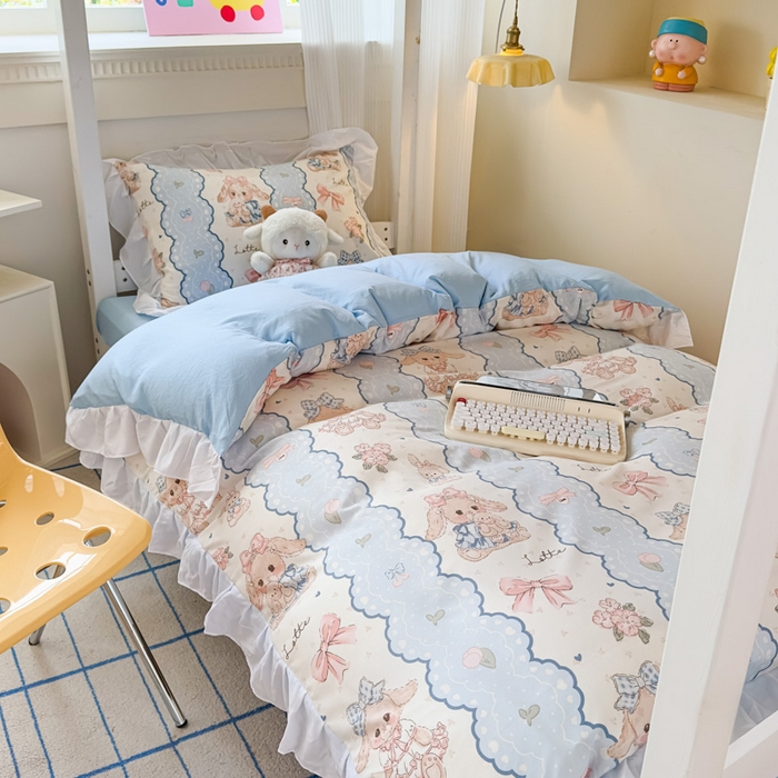 曼陀罗 2025新款云柔棉韩式INS减龄花边款卡通学生宿舍上下铺三件套 蓝色蕾丝兔