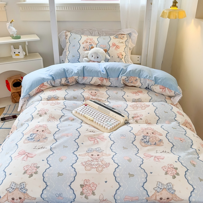 91家纺网 家纺一手货源 找家纺 曼陀罗 2025新款云柔棉韩式INS减龄花边款卡通学生宿舍上下铺三件套 蓝色蕾丝兔